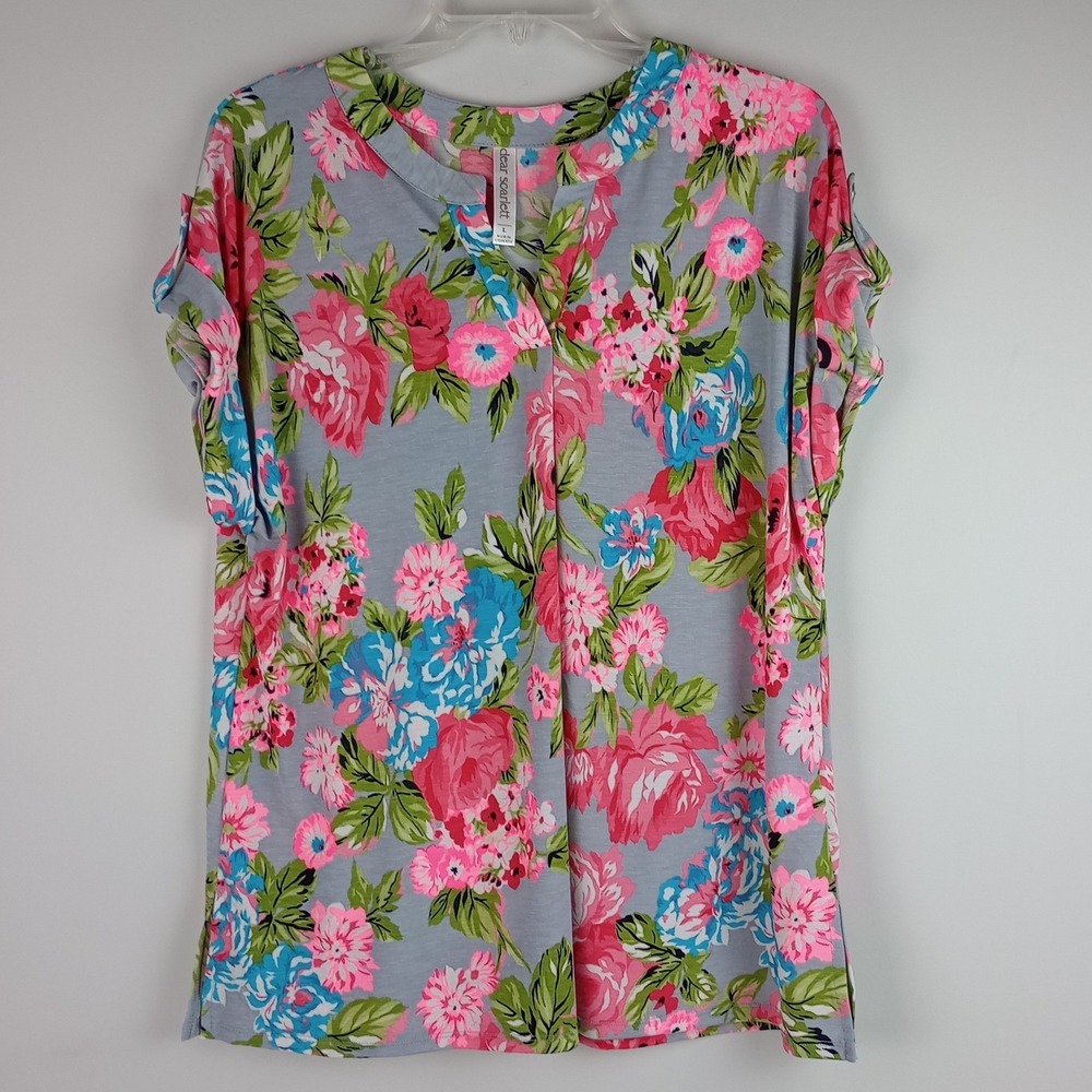Dear Scarlett Womens L Gray Floral Short Sleeve V-Neck Stretchy Flowy Tunic Top
